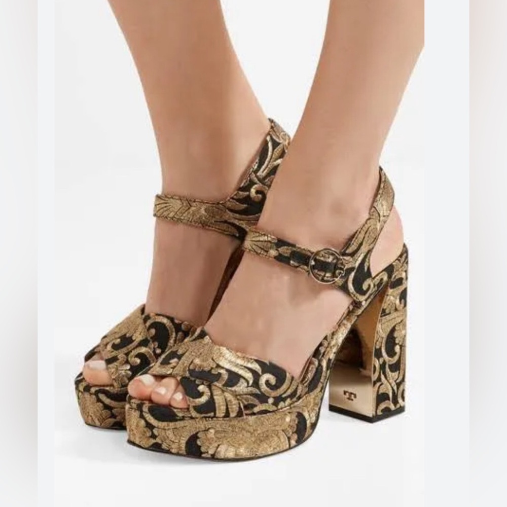 Tory Burch Black and Gold Embroidered Platform Heels